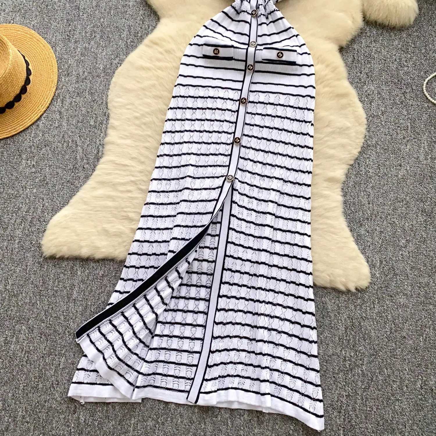 Elegant Maxi YuooMuoo Knitted Brand Fashion Dress Summer Women Luxury White Black Stripes Shirt Sweater Dress Lady Party Vestido H260707
