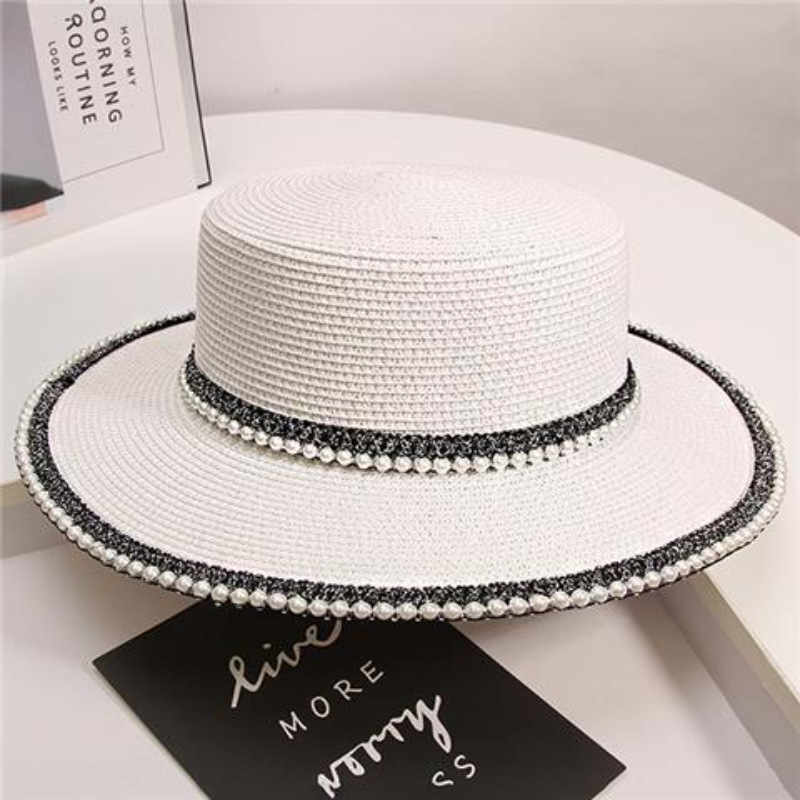 Designer Hat French Luxury Flat Top Diamond Inlaid Grass Hat Brand Sun Protection And Shading Wide Eave Grass Woven Fisherman Hat Outdoor Travel Vacat - view 5
