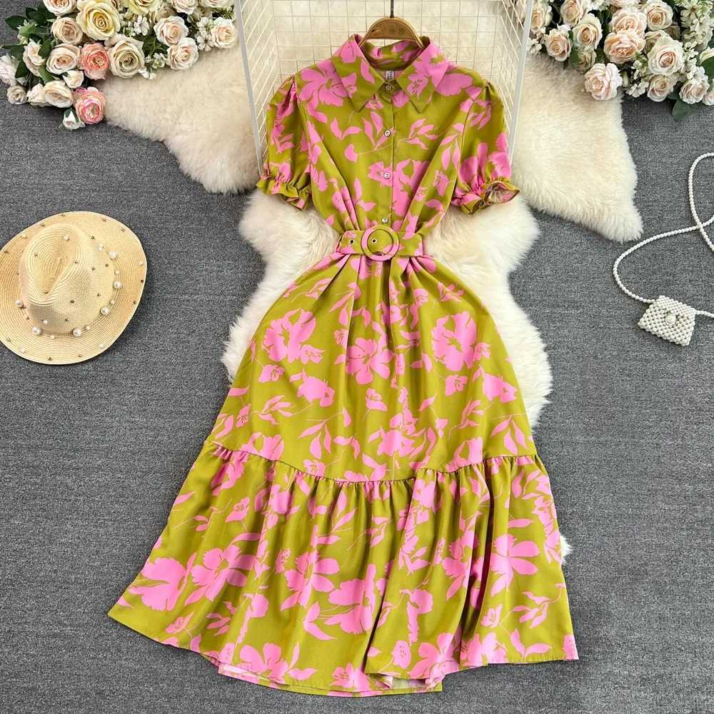 Summer Dress 2026 New YuooMuoo Women Vintage Floral Print Long Shirt Dress Elegant A-line Belted Lady Party Robe Femme H260707