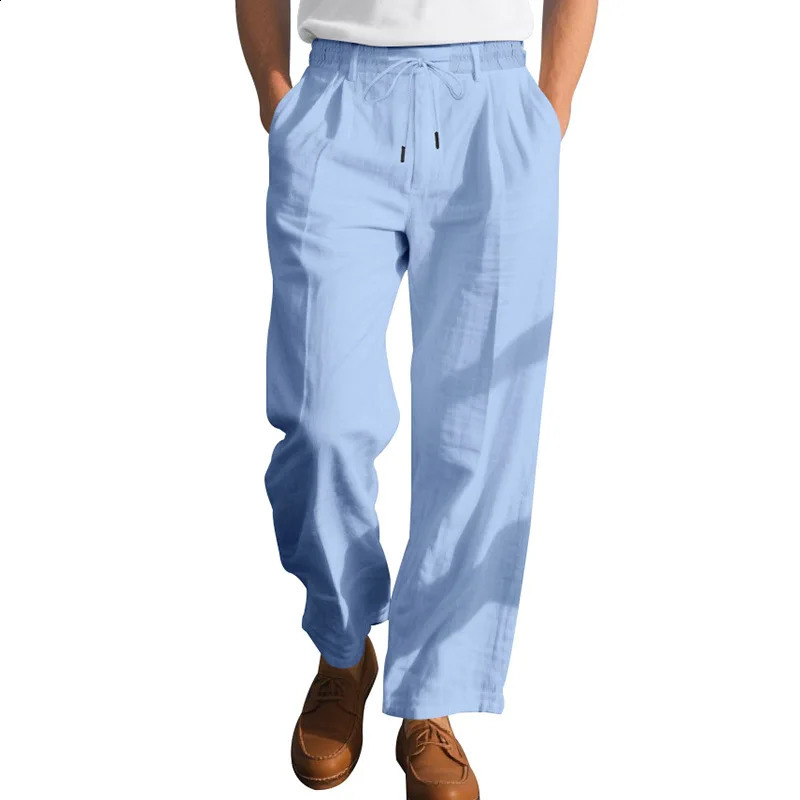Summer Mens Breathable Solid Color Cotton and Linen Drawstring Casual Trousers Italian Style 260707