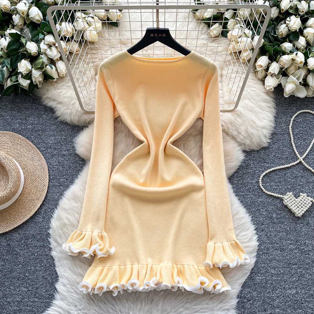 Aesthetic Dress 2025 Autumn YuooMuoo Women Ruffled Knitted Mini Dress Lady Slim Elastic Bodycon Party Dress Streetwear Vestidos H260707