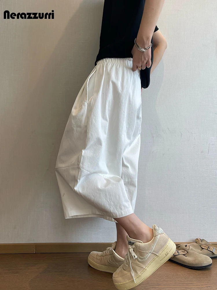 Nerazzurri Spring Summer Baggy Wide Leg CalfLength Curved Blade Pants for Men Elastic Waist Loose Casual Menswear Clothing 2026 260707