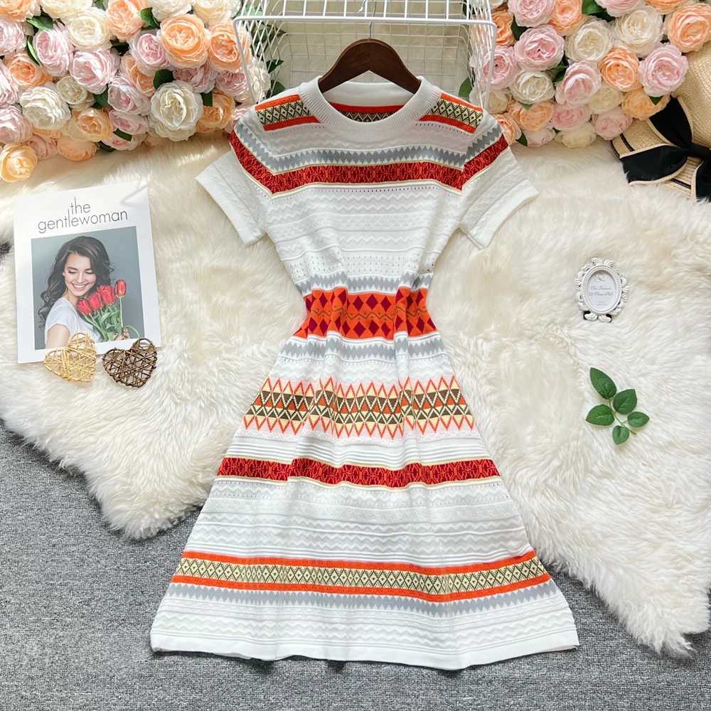Vintage Knitted YuooMuoo Geometric Chic Fashion A-line Short Dress Women Elegant Y2K Summer Dress Streetwear Lady Outfit Vestido H260707