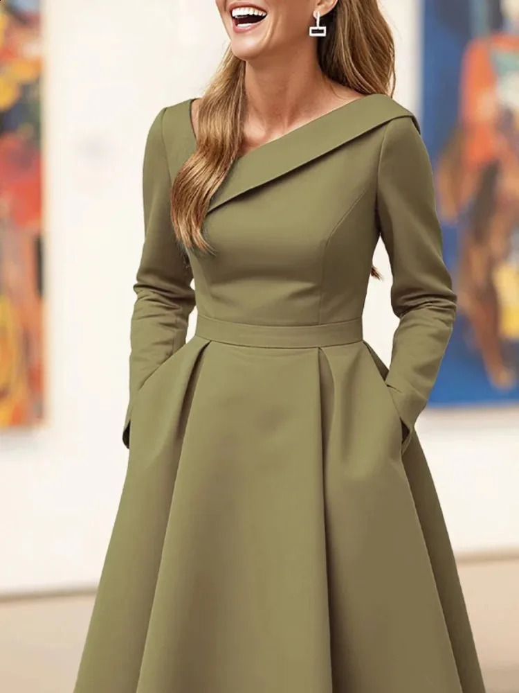 UOOZEE Womens Solid Color Modest Elegant Wedding Banquet Midi Dresses Long Sleeves Pleated High Waisted Aline Party Dress 260707