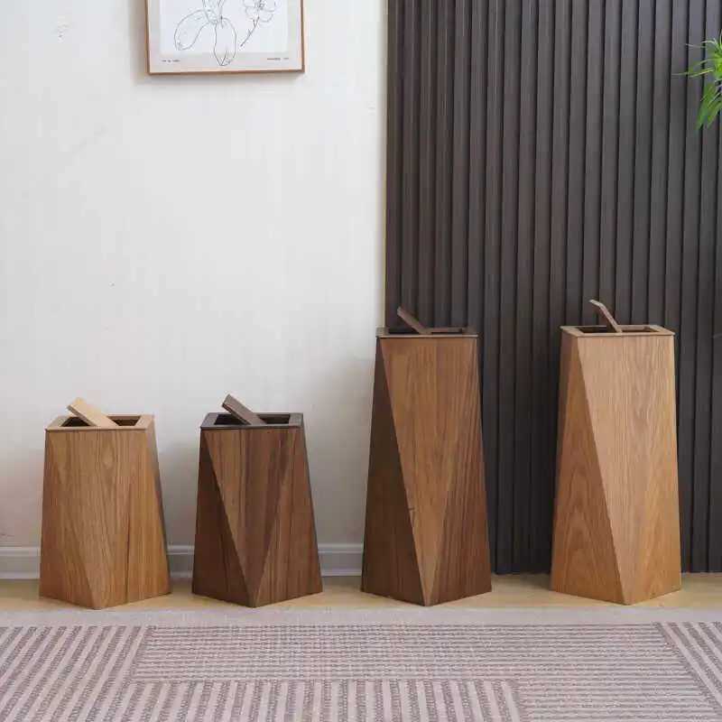 Walnut Wood Lidded Trash Can Nordic Style Living Room Garbage Bin Light Luxury Waste Basket Hotel Office Home Paper Bin W260928