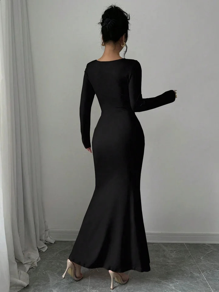 Womens Four Seasons Style Womens Elegant Temperament Retro Solid Color Square Collar Long Sleeve Dress 260707 - view 4