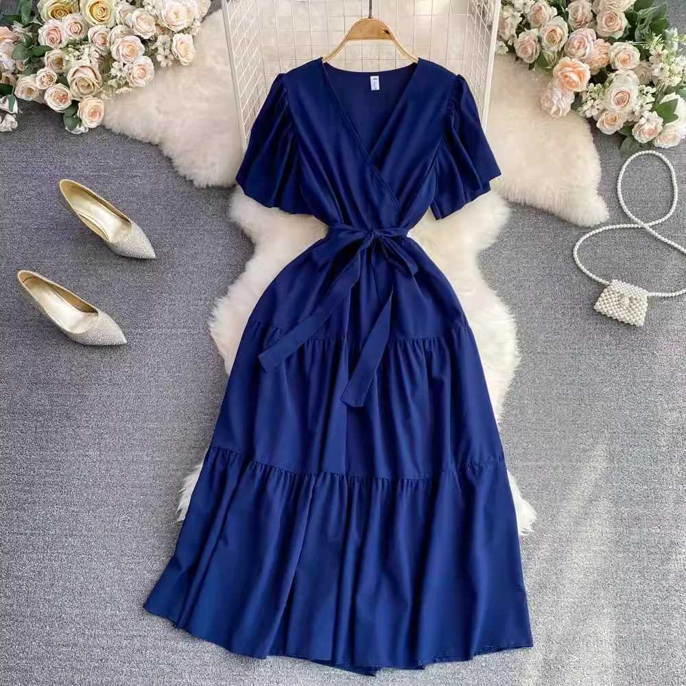 Aesthetic Fashion YuooMuoo Summer Women Chic Dress Elegant Vintage Slim Waist Sash Bandage Long Party Dress Streetwear Lady Robe H260707