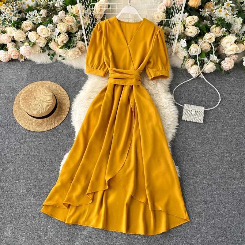 Women Dress 2025 Summer Vintage YuooMuoo Solid Sash Bandage A-line Long Dress Elegant Big Swing Lady Party Vestidos Robes Femme H260707