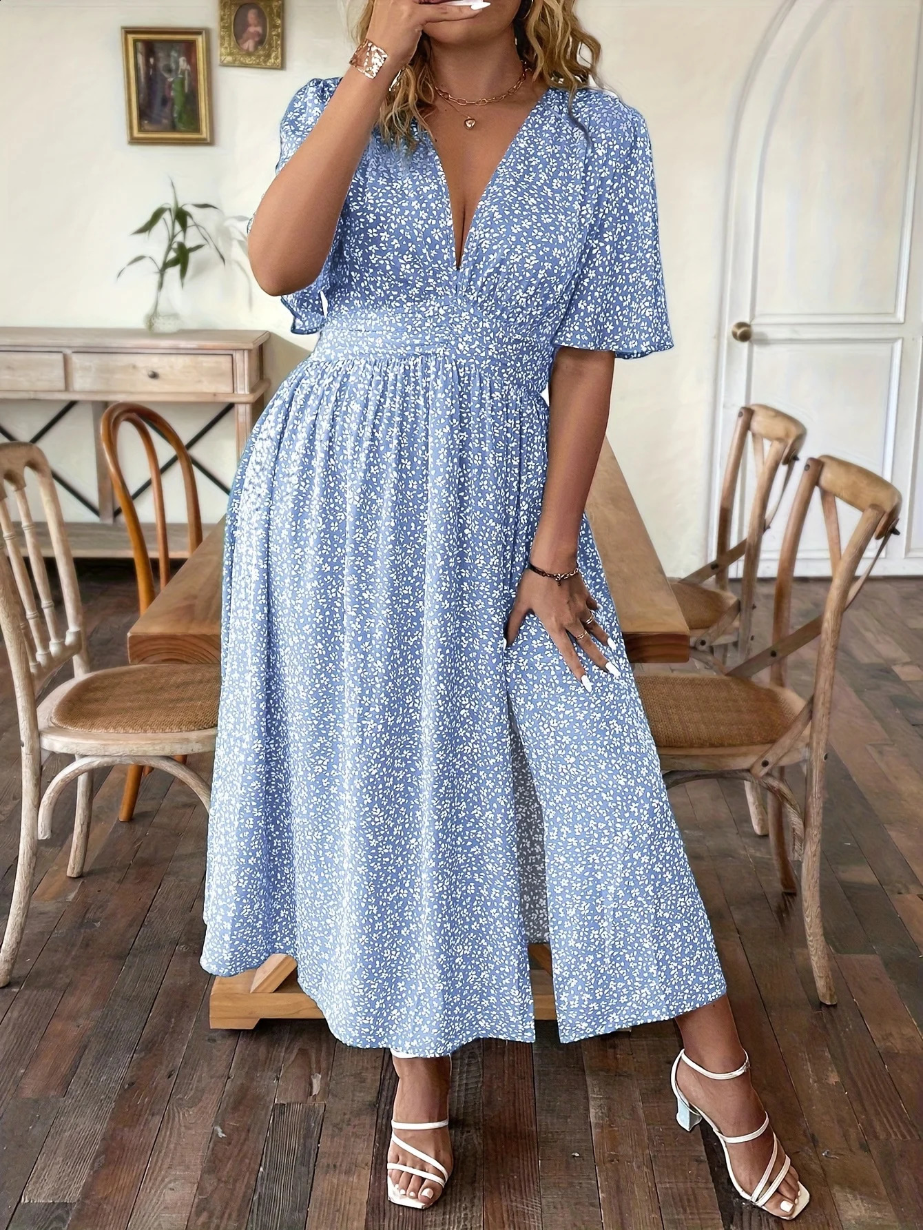 Summer Large Size Womens Romantic Floral VNeck Short Sleeve WaistCinched ALine Holiday Dress 260707