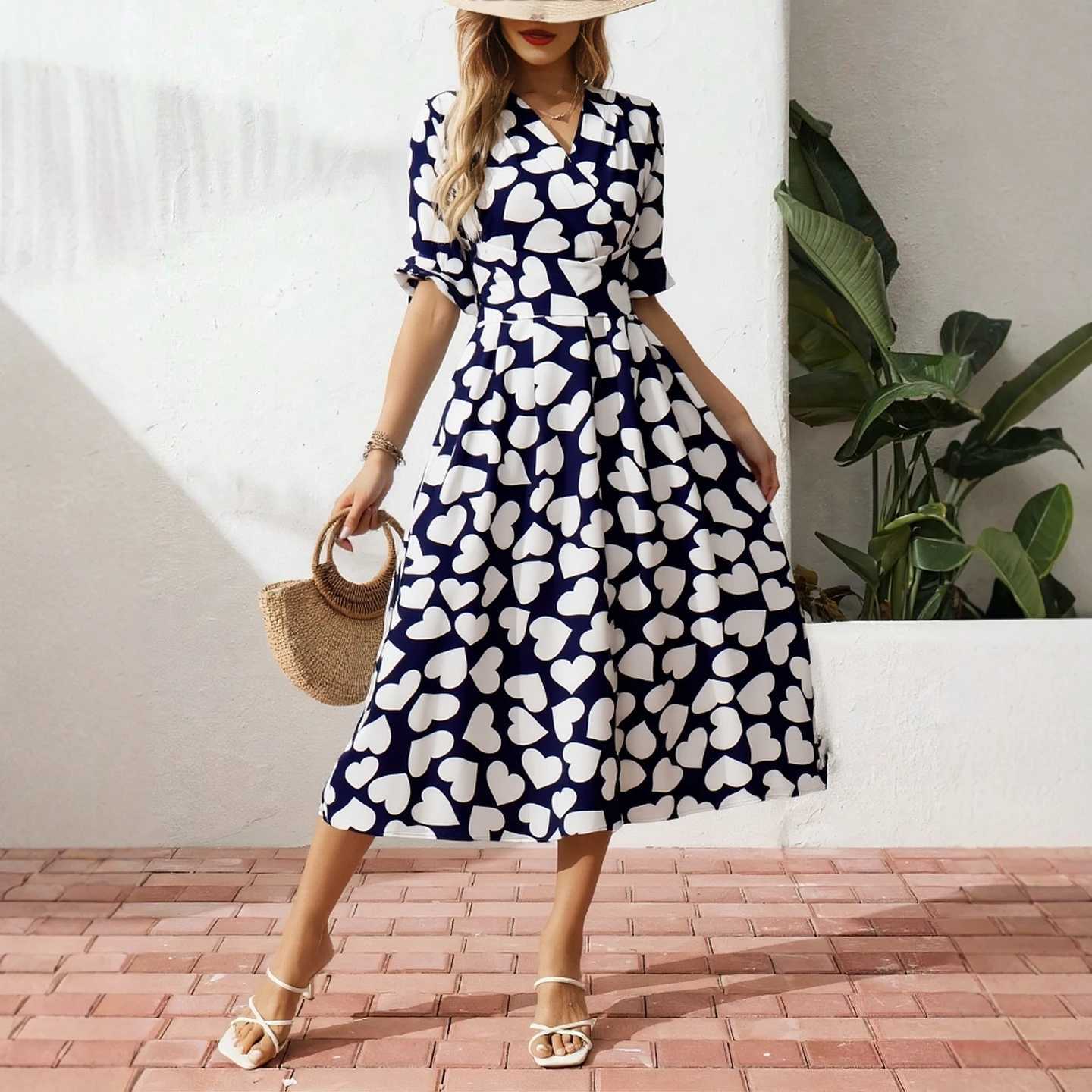 Print YuooMuoo Chic Romantic Women Heart Dress 2026 New Summer Elegant Slim Waist Big Swing Long Dress Korean Lady Party Vestido H260707