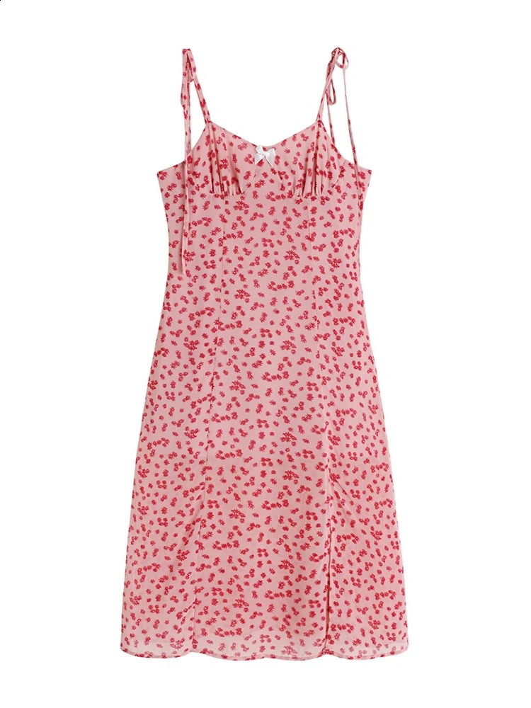 2026 Spring Summer French Style Romantic Chiffon Sling Women Dresses Floral Print Waist Cinched Slim MidCalf Vacation Dress 260707