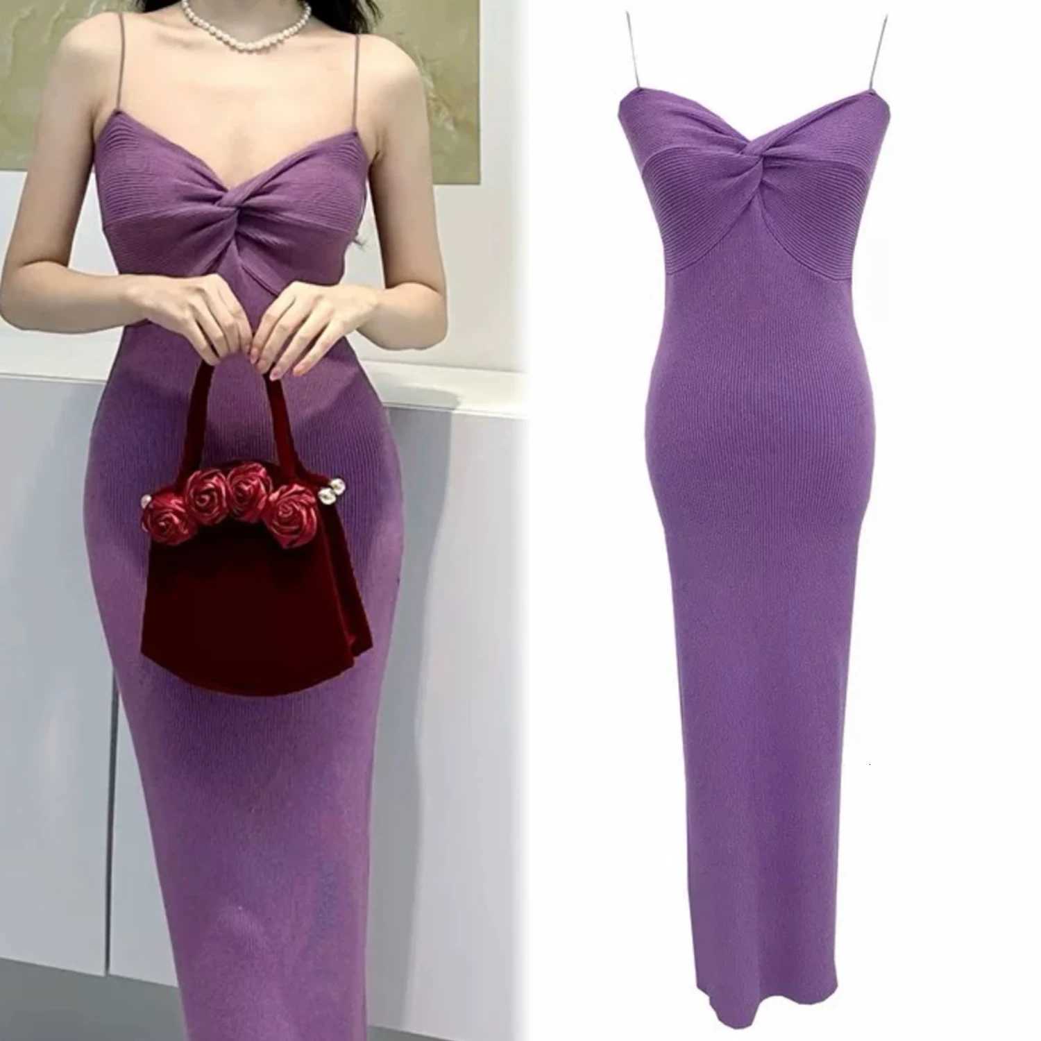 Chic Fashion 2026 Summer Spaghetti YuooMuoo Straps Midi Dress Women V-neck Slim Knitted Bodycon Dress Streetwear Lady Outfits H260707