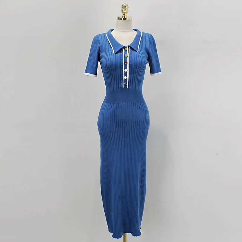Sweater YuooMuoo Dress Brand Fashion Knit Women Spring Summer Ribbed Contrast Short Sleeve Lapel Gown Dress Ladies Long Dresses H260707