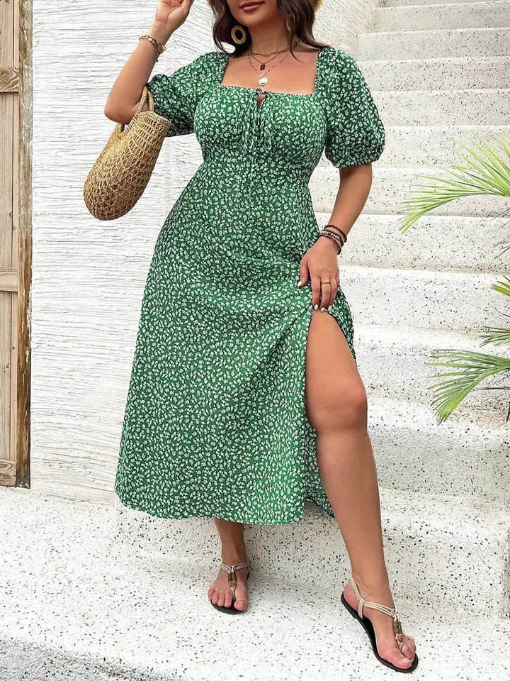 Plus SizeDitsy Floral Print Square Neck Dress Casual Fashion Long Sleeve for Daily Outdoor Wear Women Clothing fo 260707