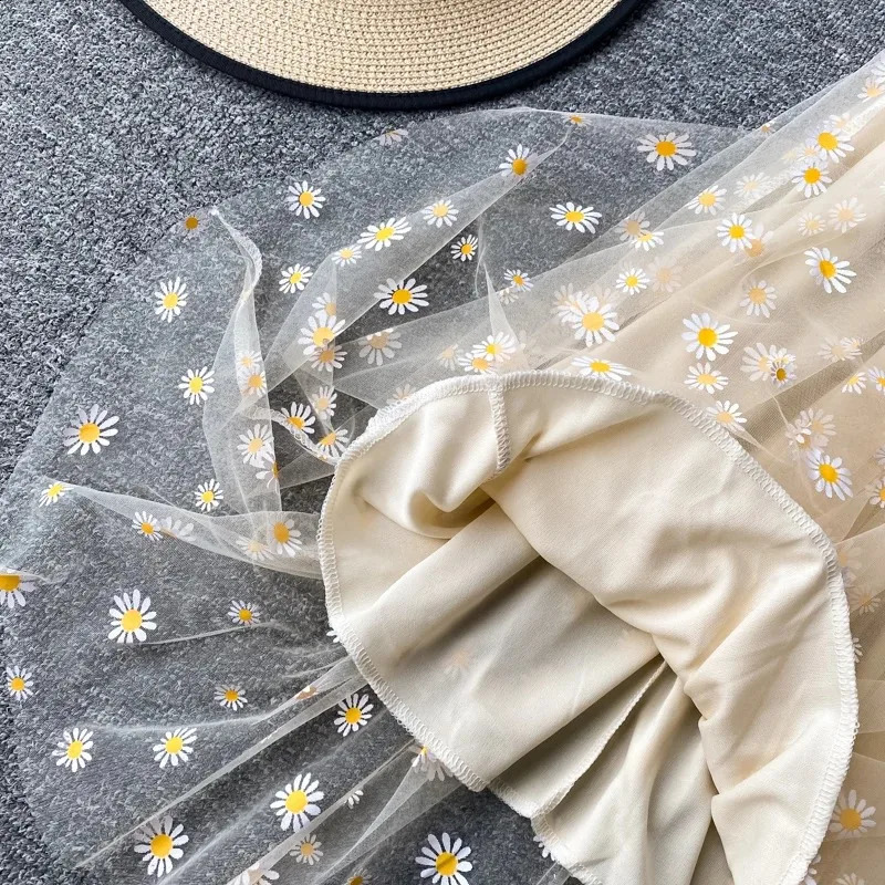 Women daisy Print Dresses Summer Sexy Lace Mesh Dress Spaghetti Strap Woman Party Night Korean Kawaii Vestidos Floral 260707