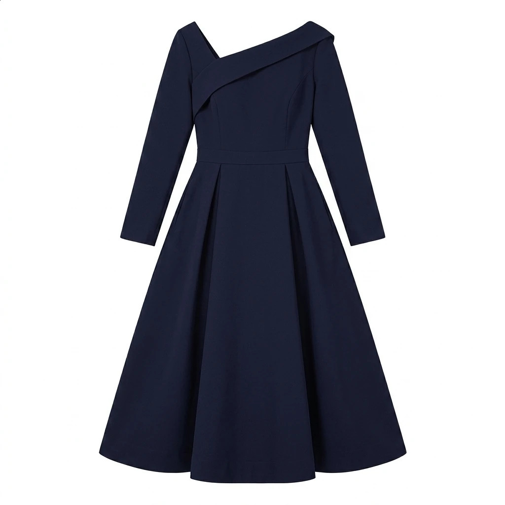 UOOZEE Womens Solid Color Modest Elegant Wedding Banquet Midi Dresses Long Sleeves Pleated High Waisted Aline Party Dress 260707