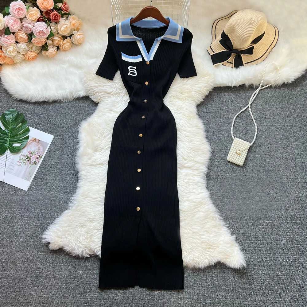 Hips YuooMuoo Chic Fashion Sexy Package Knitted Long Dress Women Brand Fashion Turn-down Collar Embroidery Bodycon Shirt Dress H260707