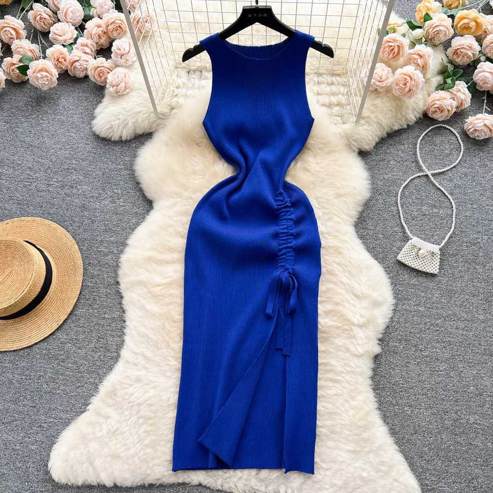 Dress YuooMuoo Fashion Knitted Summer Bodycon Sexy Package Hips Drawstring Split Black Women Dress Basic Lady Party Vestidos H260707
