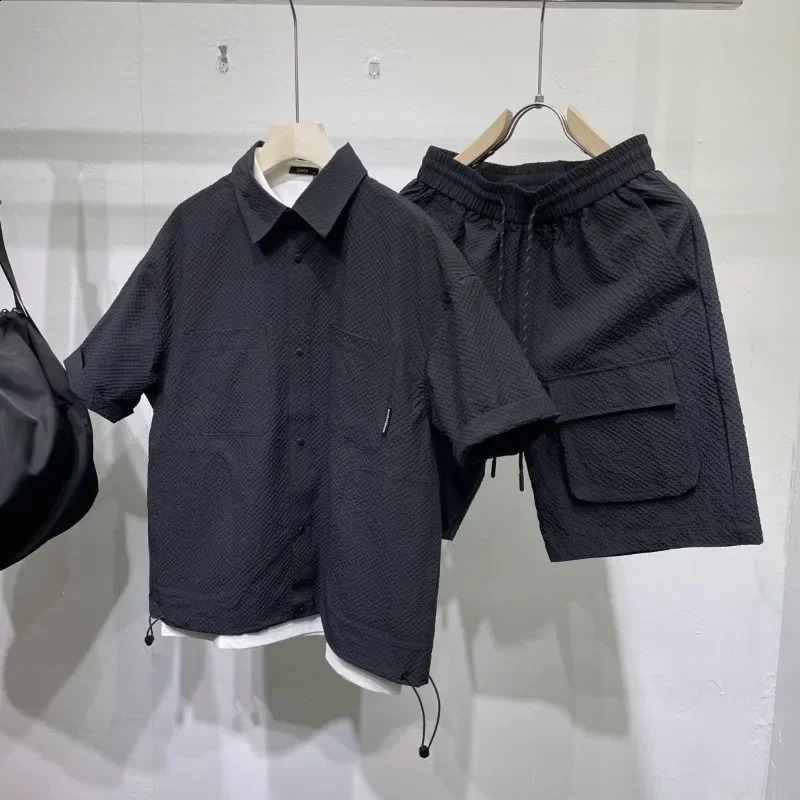 Summer Men Short Sleeves Sets Lapel Single-breasted Solid Color Polo Shirt Pocket Shorts High Quality Casual Loose Sports Suit 260707