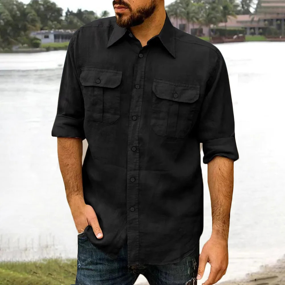 Cotton Linen Mens Shirt Long Sleeve Solid Color Casual Tops Lapel Double Pocket Classic Shirt Trendy Male Clothing 260707