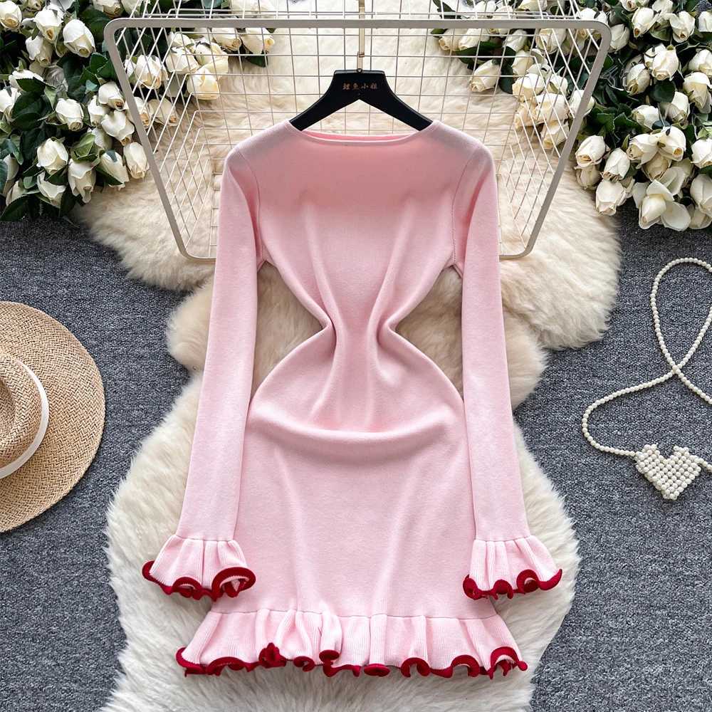 Aesthetic Dress 2025 Autumn YuooMuoo Women Ruffled Knitted Mini Dress Lady Slim Elastic Bodycon Party Dress Streetwear Vestidos H260707