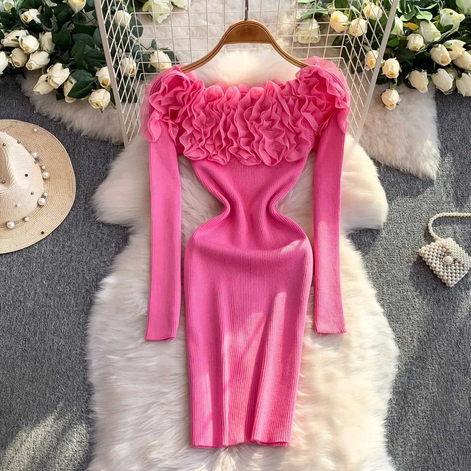 Hips YuooMuoo Chic Package Fashion Sexy Knitted Mini Dress 2025 New Y2K 3D Flowers Long Sleeve Party Dress Streetwear Outfits H260707