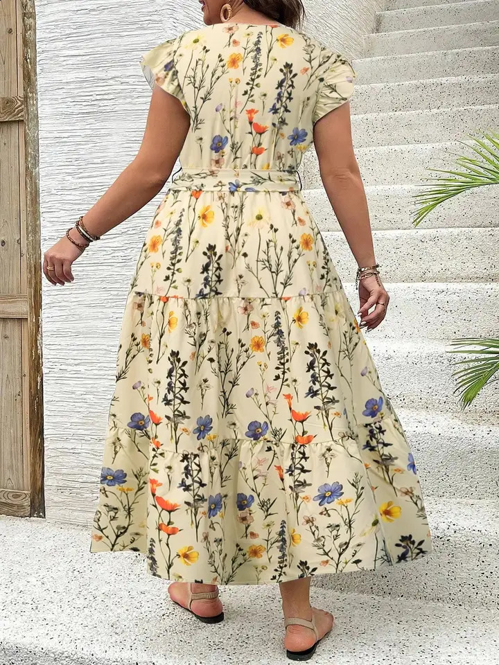 Plus Size Floral Print V Neck Dress Casual Fashion for Daily Outdoor Wear Women Clothing All Seasons 260707