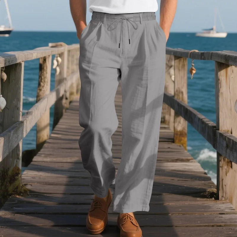 Summer Mens Breathable Solid Color Cotton and Linen Drawstring Casual Trousers Italian Style 260707