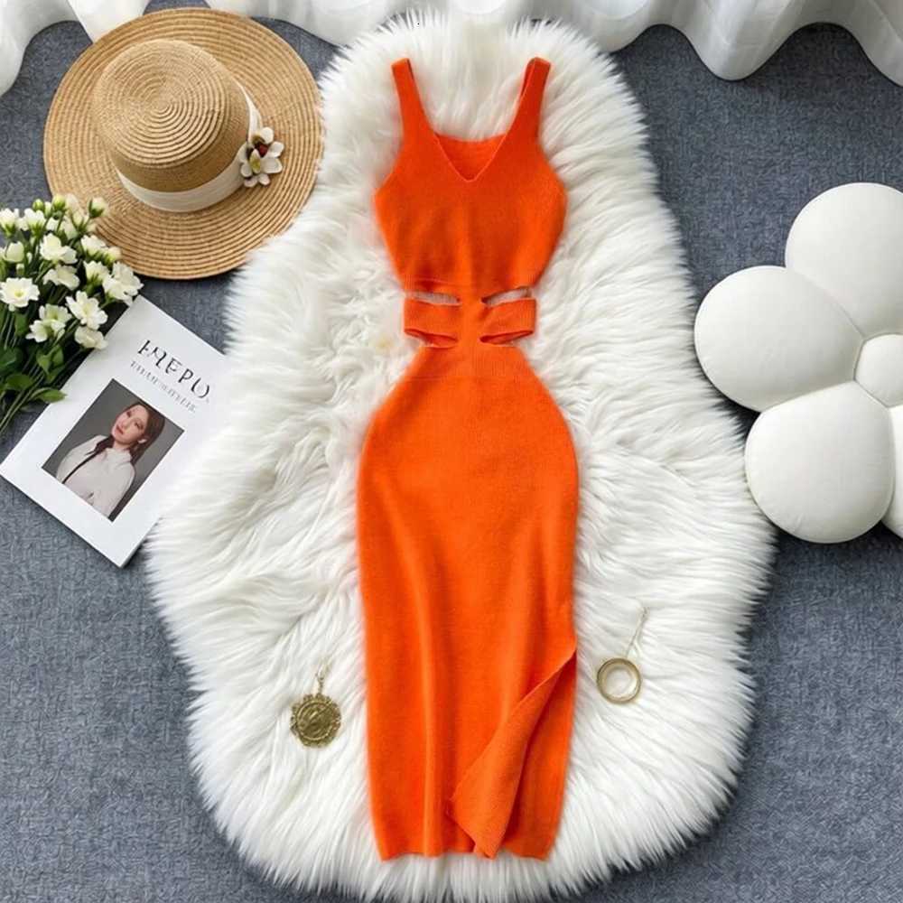 Cut YuooMuoo Chic Fashion Out Sexy Waist Wrap Hips Tank Dress Summer Fashion Lady Knitted Bodycon Party Dress Streetwear Outfits H260707