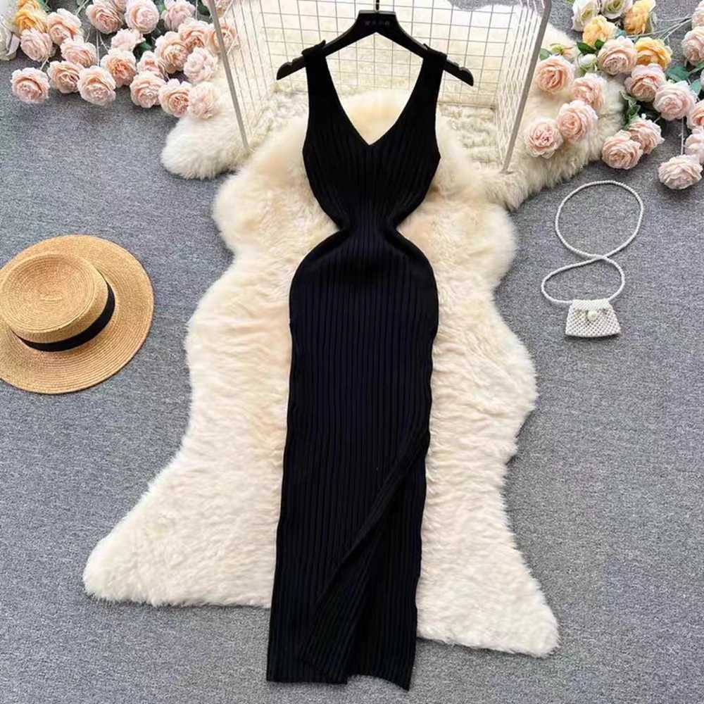 2026 Summer YuooMuoo New Women Dress Fashion Sexy Split Ribbed Knitted Bodycon Suspender Dress Streetwear Lady Sundress Vestido H260707