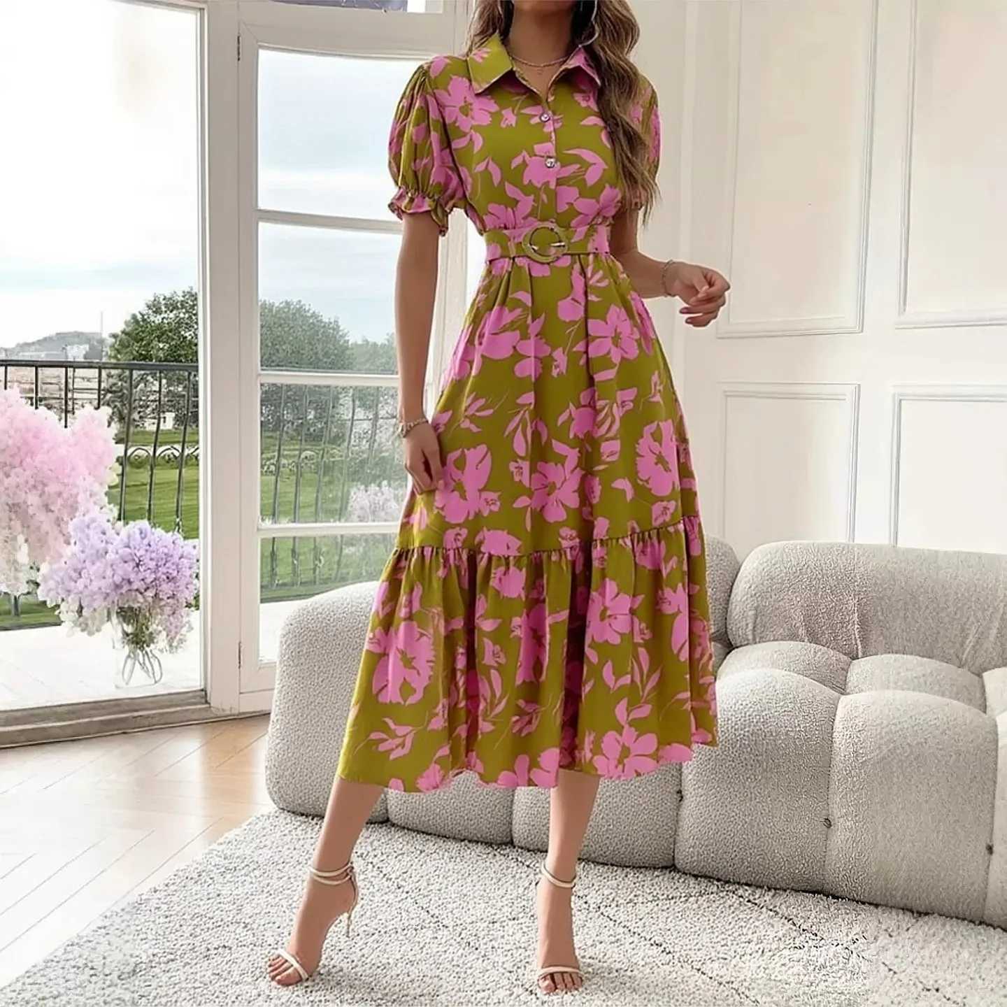 Summer Dress 2026 New YuooMuoo Women Vintage Floral Print Long Shirt Dress Elegant A-line Belted Lady Party Robe Femme H260707
