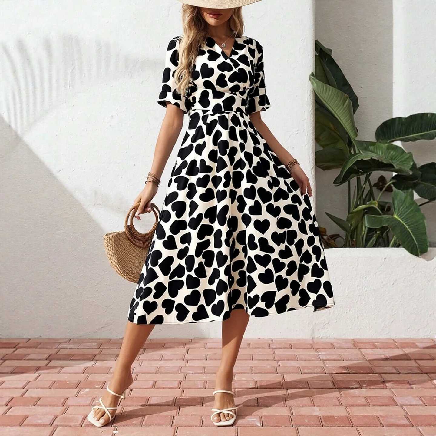 Print YuooMuoo Chic Romantic Women Heart Dress 2026 New Summer Elegant Slim Waist Big Swing Long Dress Korean Lady Party Vestido H260707