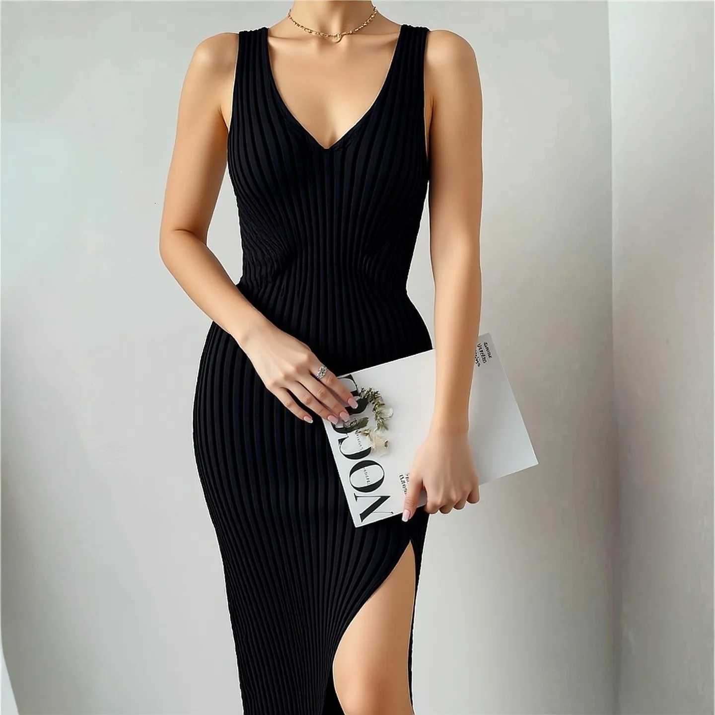 2026 Summer YuooMuoo New Women Dress Fashion Sexy Split Ribbed Knitted Bodycon Suspender Dress Streetwear Lady Sundress Vestido H260707
