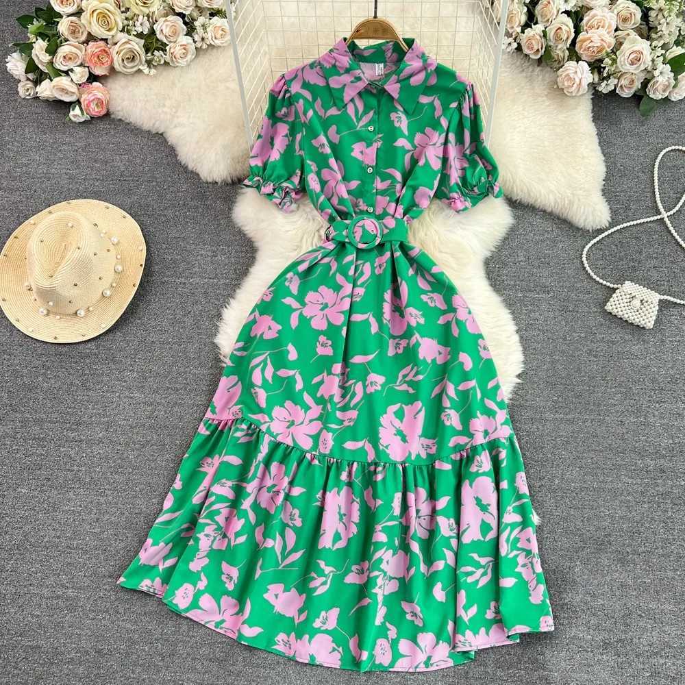 Summer Dress 2026 New YuooMuoo Women Vintage Floral Print Long Shirt Dress Elegant A-line Belted Lady Party Robe Femme H260707