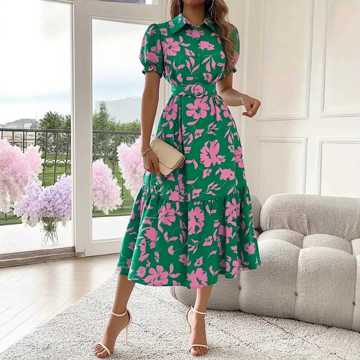 Summer Dress 2026 New YuooMuoo Women Vintage Floral Print Long Shirt Dress Elegant A-line Belted Lady Party Robe Femme H260707