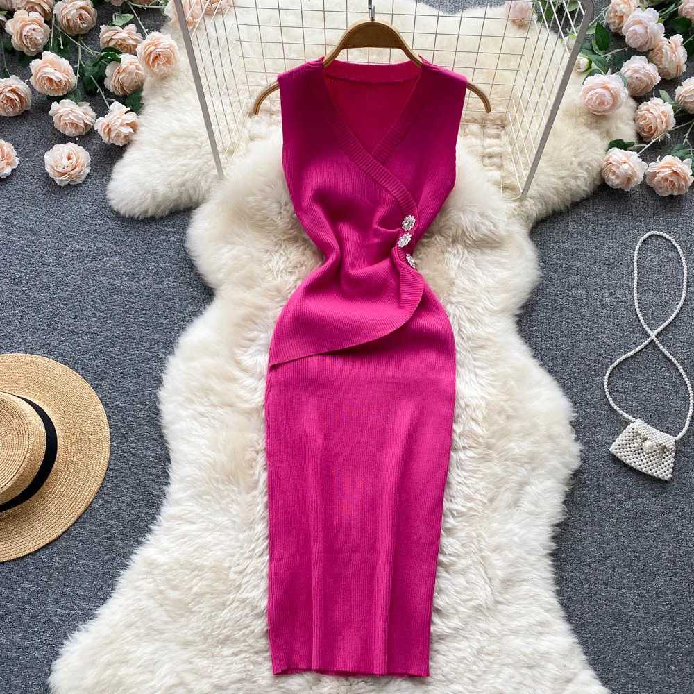 Elegant YuooMuoo Summer Women Buttons Dress Slim Waist Knitted Bodycon Dress Lady Sleeveless Package Hips Party Vestidos H260707