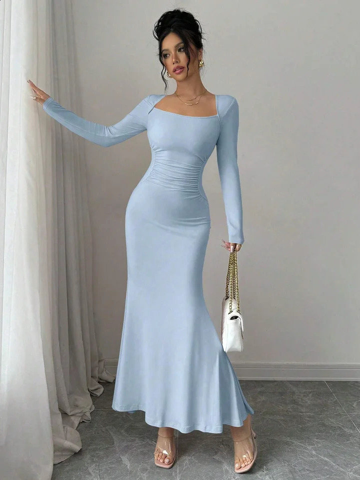 Womens Four Seasons Style Womens Elegant Temperament Retro Solid Color Square Collar Long Sleeve Dress 260707 - view 3