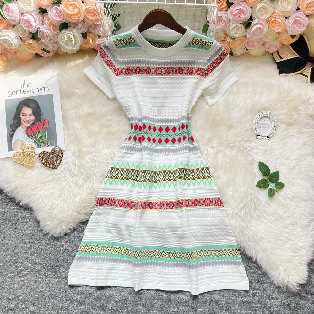 Vintage Knitted YuooMuoo Geometric Chic Fashion A-line Short Dress Women Elegant Y2K Summer Dress Streetwear Lady Outfit Vestido H260707