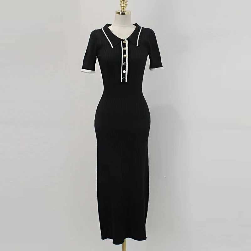 Sweater YuooMuoo Dress Brand Fashion Knit Women Spring Summer Ribbed Contrast Short Sleeve Lapel Gown Dress Ladies Long Dresses H260707