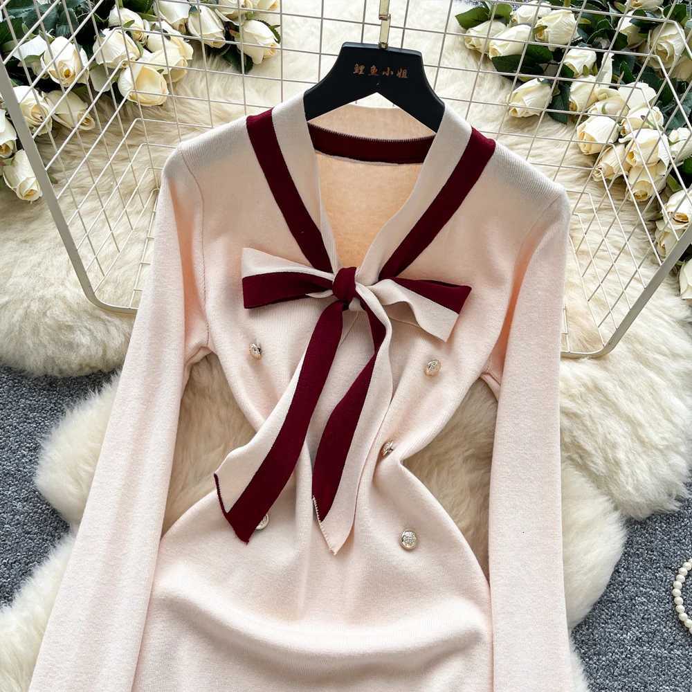 Chic Fashion Sexy Package Hips YuooMuoo Knitted Mini Dress 2025 Autumn Vintage Bow V-neck Slim Elastic Party Dress Streetwear H260707
