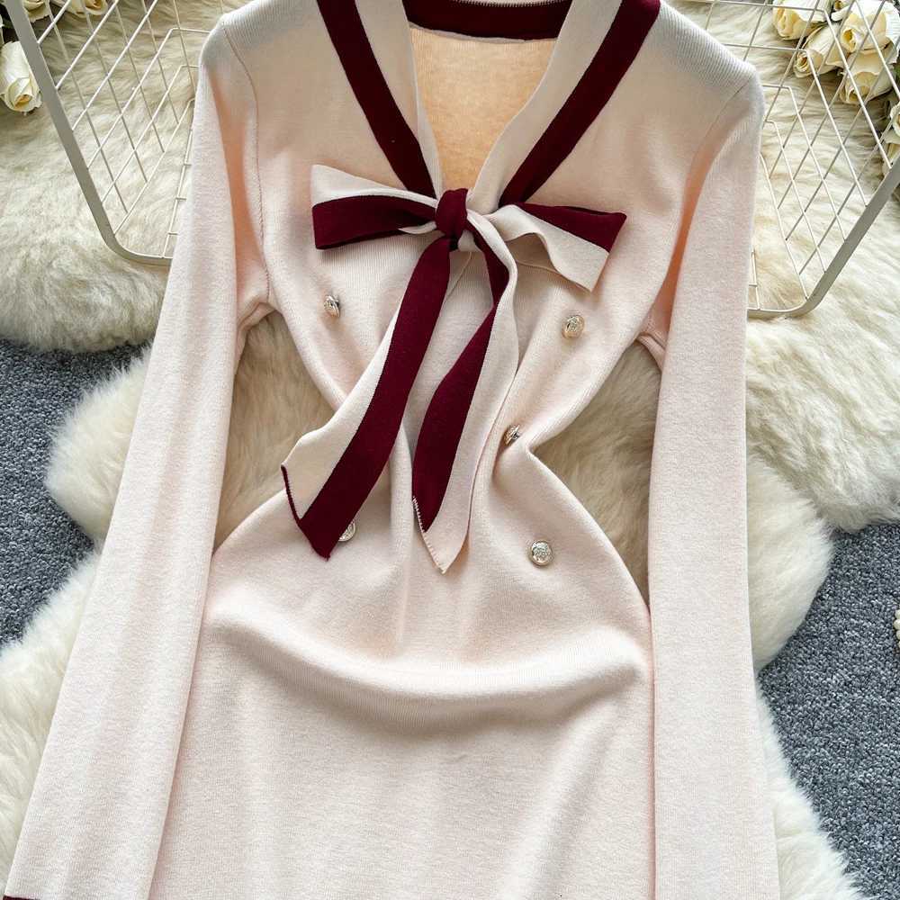 Chic Fashion Sexy Package Hips YuooMuoo Knitted Mini Dress 2025 Autumn Vintage Bow V-neck Slim Elastic Party Dress Streetwear H260707