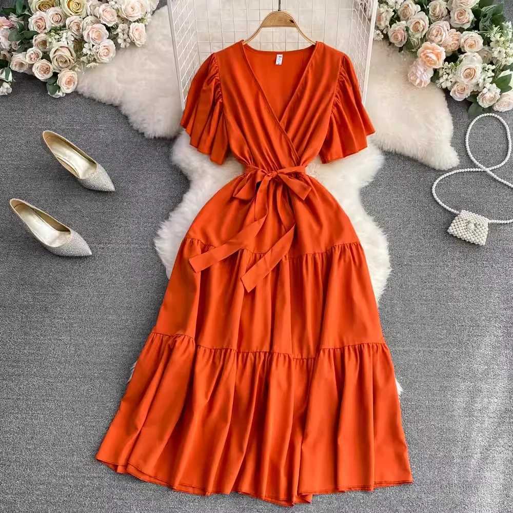 Aesthetic Fashion YuooMuoo Summer Women Chic Dress Elegant Vintage Slim Waist Sash Bandage Long Party Dress Streetwear Lady Robe H260707