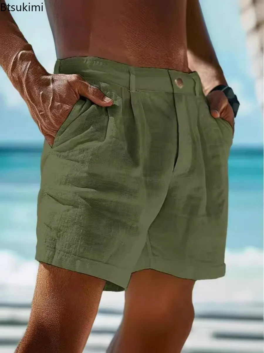 2026 Summer Cotton Linen Shorts for Men Solid Casual Button Pocket Beach Shorts Mens Comfortable Simple Vacation Leiture Pants 260707CJ - view 4
