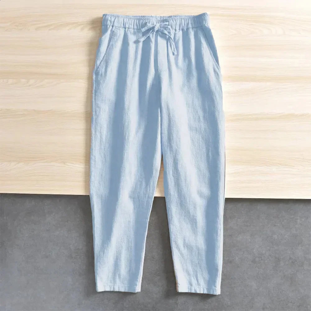 2026 Summer Mens Fashion Cotton Linen Casual Pants Loose Street Jogging Sports Drawstring Pocket Solid Color Straight Leg 260707