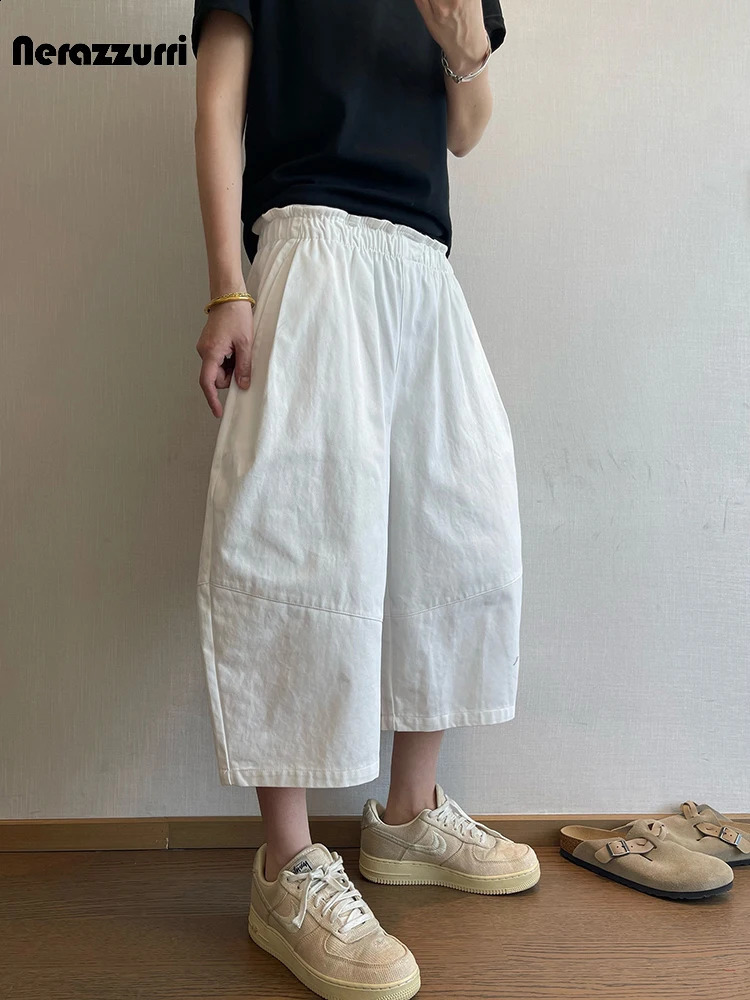 Nerazzurri Spring Summer Baggy Wide Leg CalfLength Curved Blade Pants for Men Elastic Waist Loose Casual Menswear Clothing 2026 260707