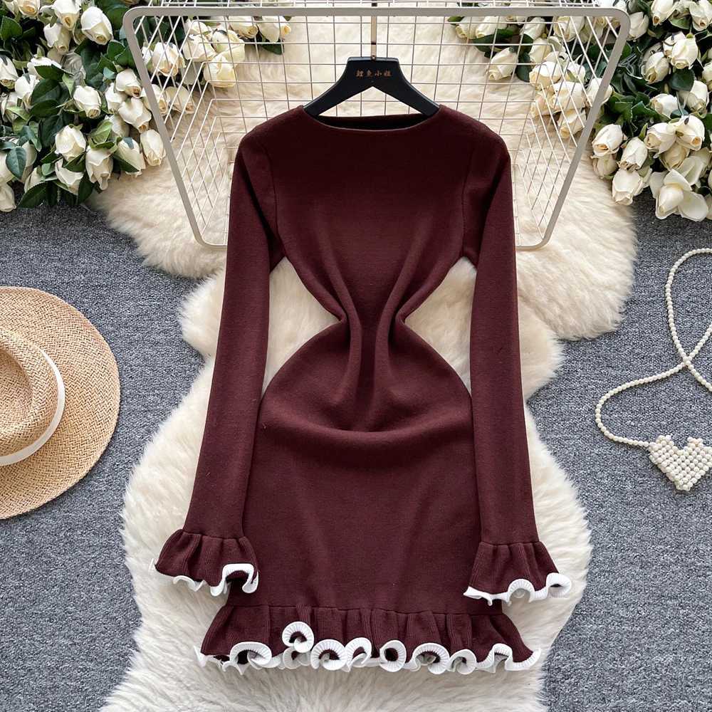 Aesthetic Dress 2025 Autumn YuooMuoo Women Ruffled Knitted Mini Dress Lady Slim Elastic Bodycon Party Dress Streetwear Vestidos H260707