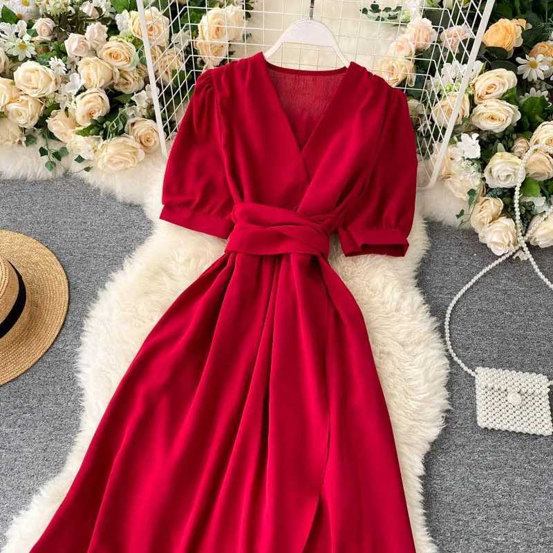 Women Dress 2025 Summer Vintage YuooMuoo Solid Sash Bandage A-line Long Dress Elegant Big Swing Lady Party Vestidos Robes Femme H260707