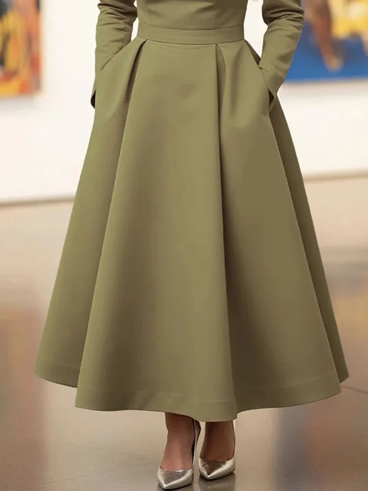 UOOZEE Womens Solid Color Modest Elegant Wedding Banquet Midi Dresses Long Sleeves Pleated High Waisted Aline Party Dress 260707