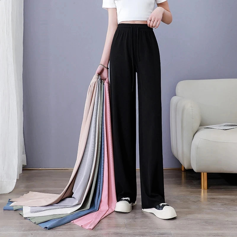2024 Women AnkleLength Wide Leg Pants Casual Summer Solid Elastic Waist Loose Ice Silk Spring Female Trousers 260707