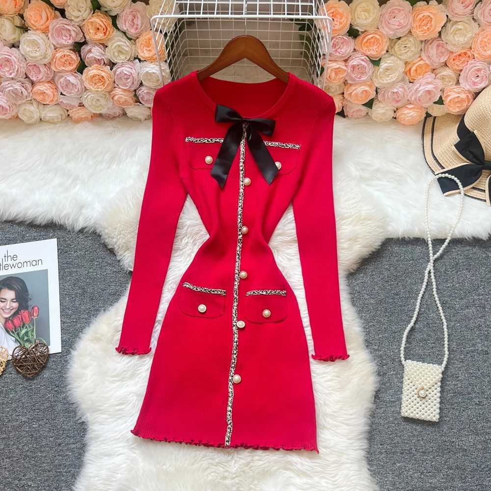 2025 Dress YuooMuoo Autumn Winter Women Slim Elastic Sexy Wrap Hips Knitted Mini Dress Festival Lady Red Black Party Vestidos H260707